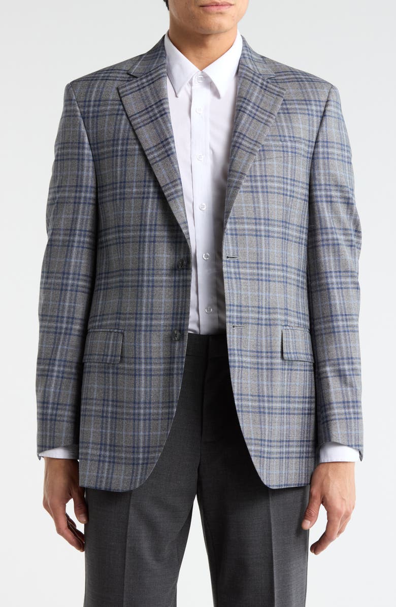 Peter Millar Mid Grey Plaid Wool Blazer, Main, color, Grey