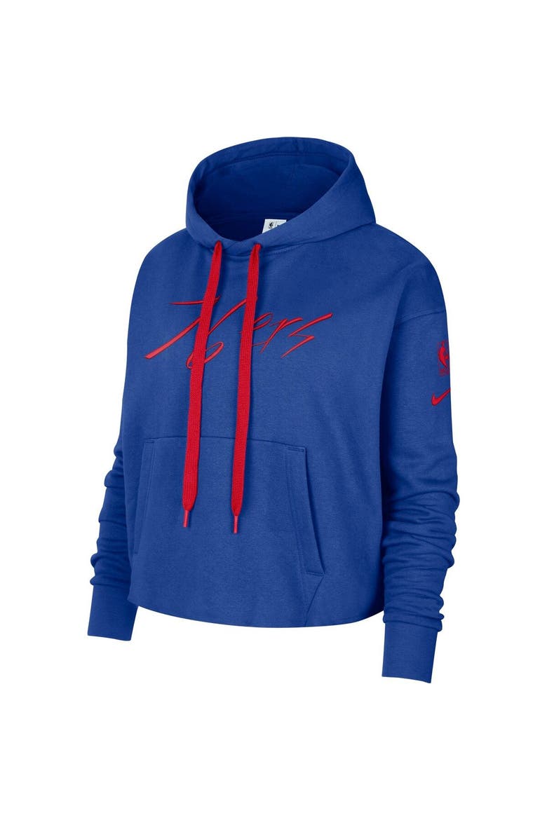 Women's Nike Royal Philadelphia 76ers Split Flip Courtside Cropped Pullover Hoodie, Alternate, color, Royal