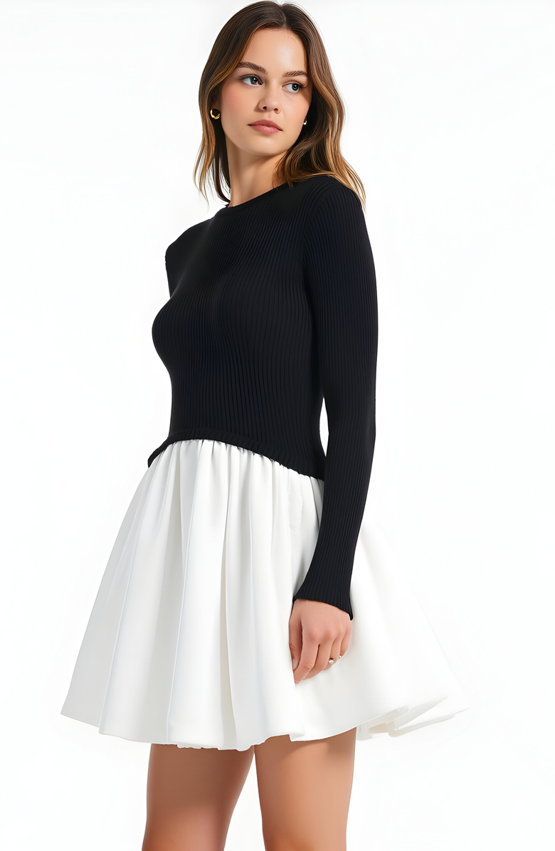 Modenaire Knit and Woven Fit-and-Flare Mini Dress with Ribbed Long Sleeve Top, Alternate, color, Black / White