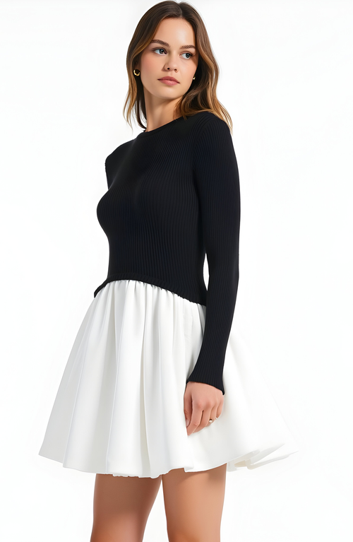 Modenaire Knit And Woven Fit-and-flare Mini Dress With Ribbed Long Sleeve Top In Multi