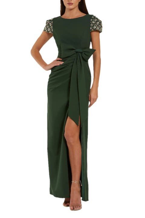 Women's Beaded Cap Sleeve Crepe Gown With Bow and Slit