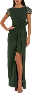 Mac Duggal Women's Beaded Cap Sleeve Crepe Gown With Bow and Slit