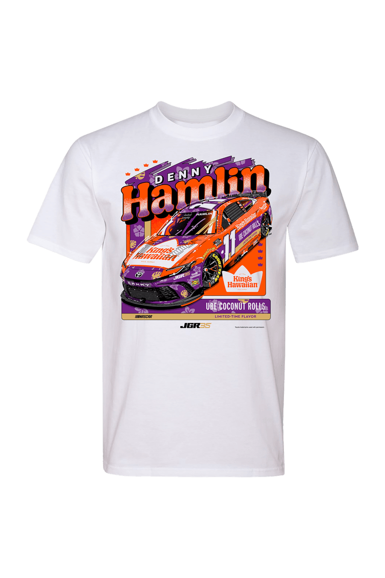 Men's Classic Ink White Denny Hamlin King's Hawaiian Car T-Shirt, Alternate, color, White