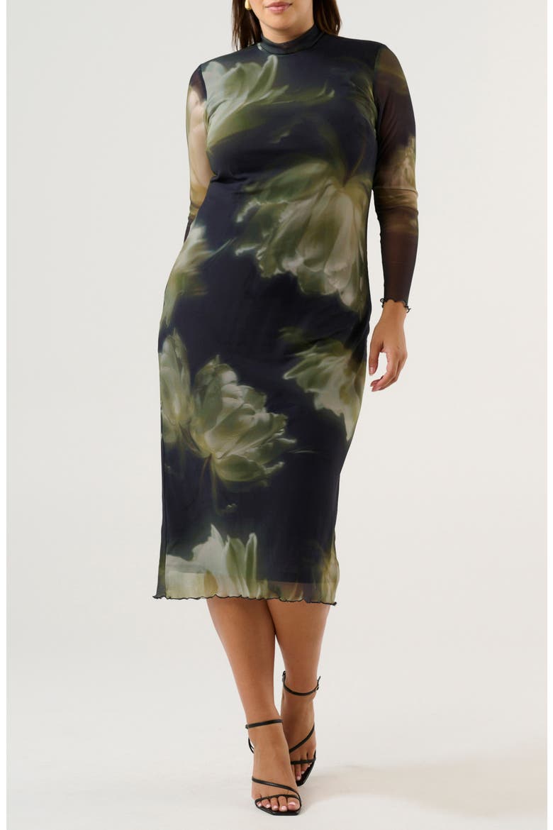Peace Lily Mock Neck Long Sleeve Mesh Midi Dress, Main, color, BLACK/ MOSS