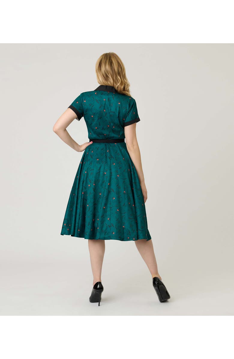 Unique Vintage Collared Short Sleeved Belted Alexis Swing Dress, Alternate, color, Teal Raccoon Print
