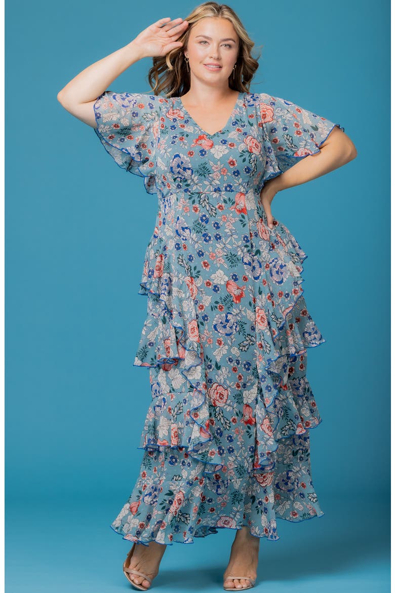 Tour de Flounce Tiered Maxi Dress, Alternate, color, BLUE GARDEN PRINT