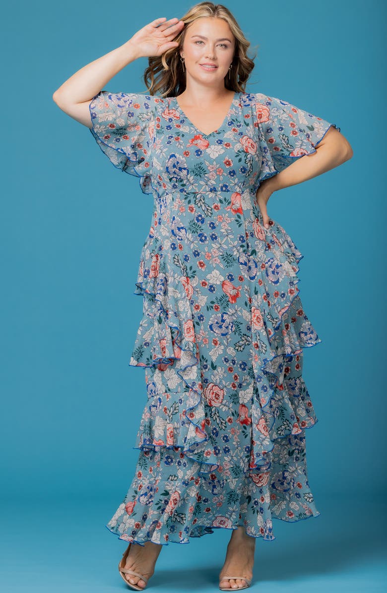 Kiyonna Tour de Flounce Tiered Maxi Dress, Alternate, color, Blue Garden Print