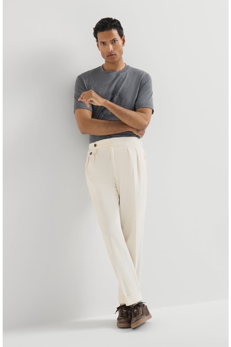 Garment-dyed trousers in cotton corduroy with reversed double pleats and waist tabs, Alternate, color, White