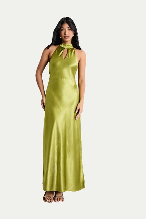 Satin Tie Neck Cowl Maxi Dress