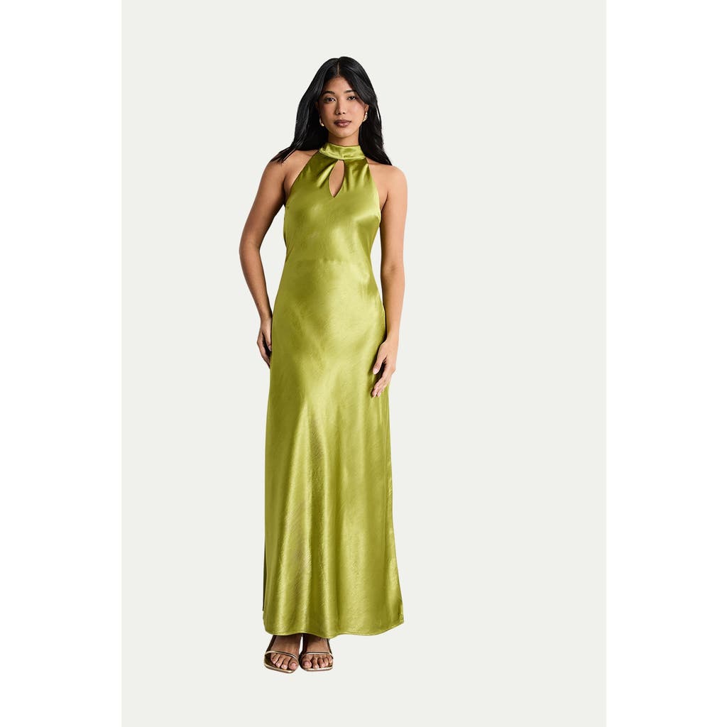 Warehouse Satin Tie Neck Cowl Maxi Dress In Green