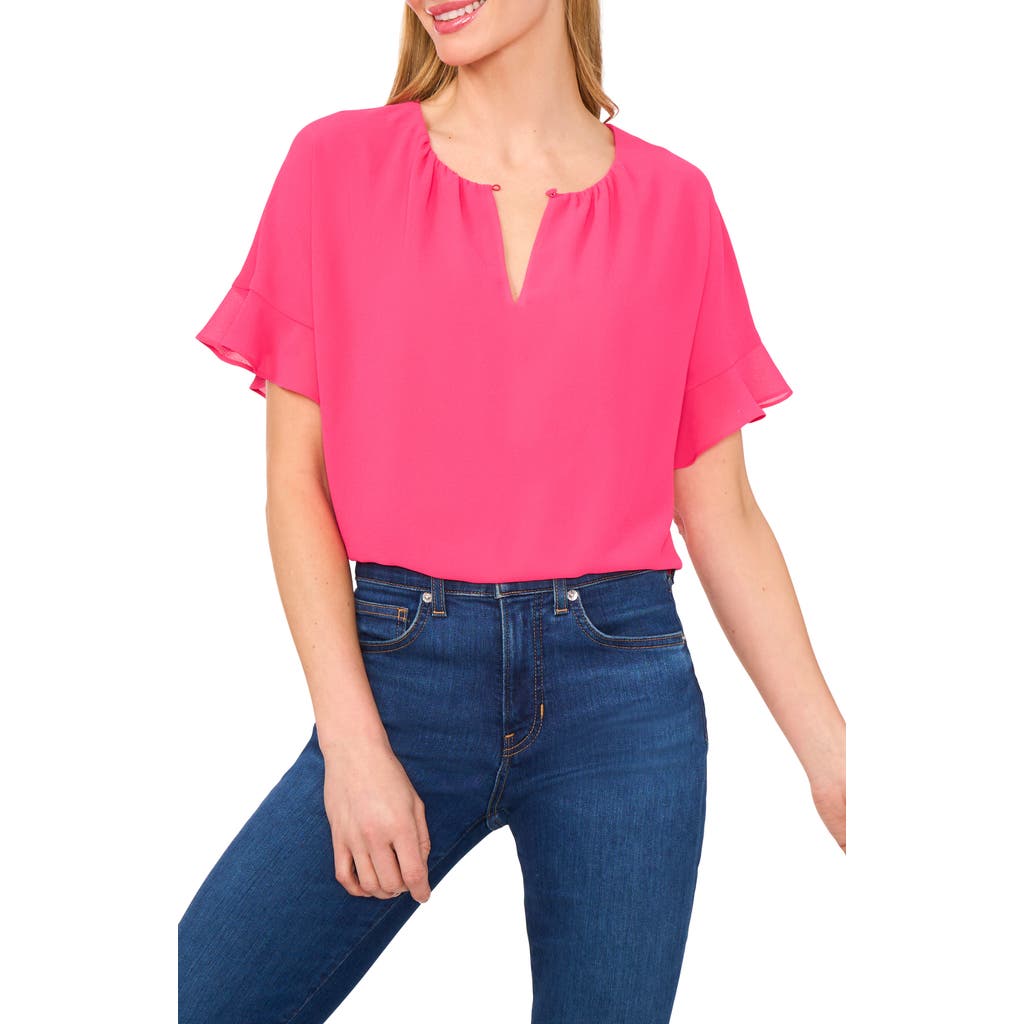 Shop Cece Flutter Sleeve Georgette Top In Magenta
