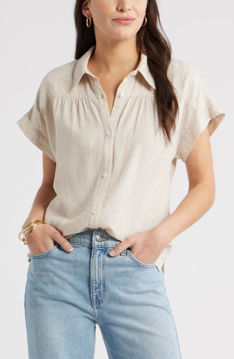Short Sleeve Linen Blend Button-Up Shirt