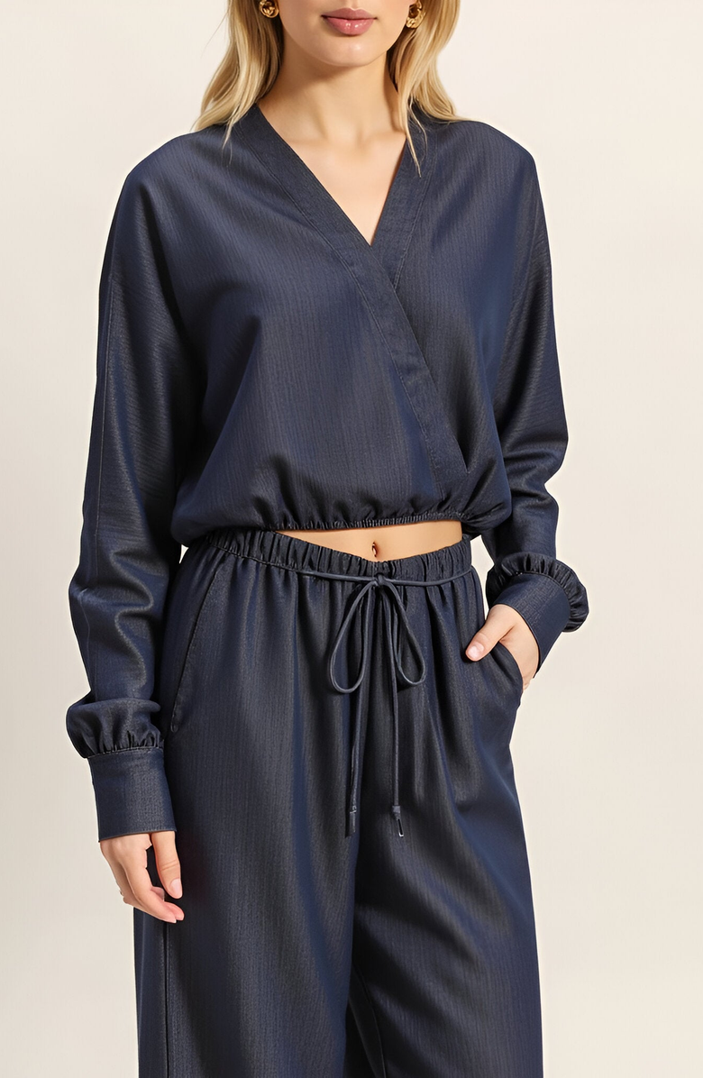 Modenaire Relaxed Drawstring Wide-Leg Collared Lounge Set, Alternate, color, Dark Blue