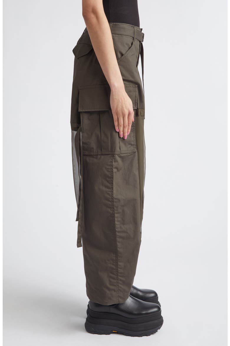 Mixed Media Coated Cotton & Chiffon Wide Leg Cargo Pants, Alternate, color, DARK KHAKI