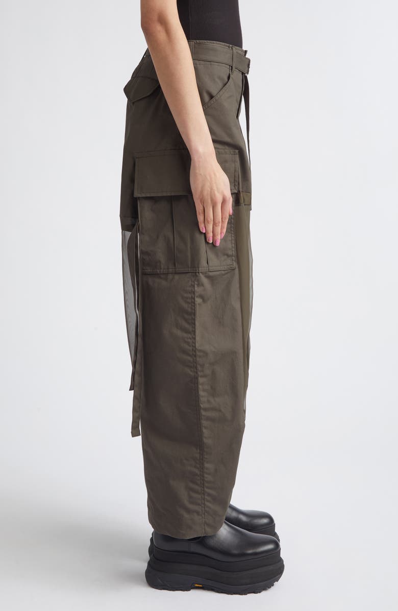 Sacai Mixed Media Coated Cotton & Chiffon Wide Leg Cargo Pants, Alternate, color, Dark Khaki