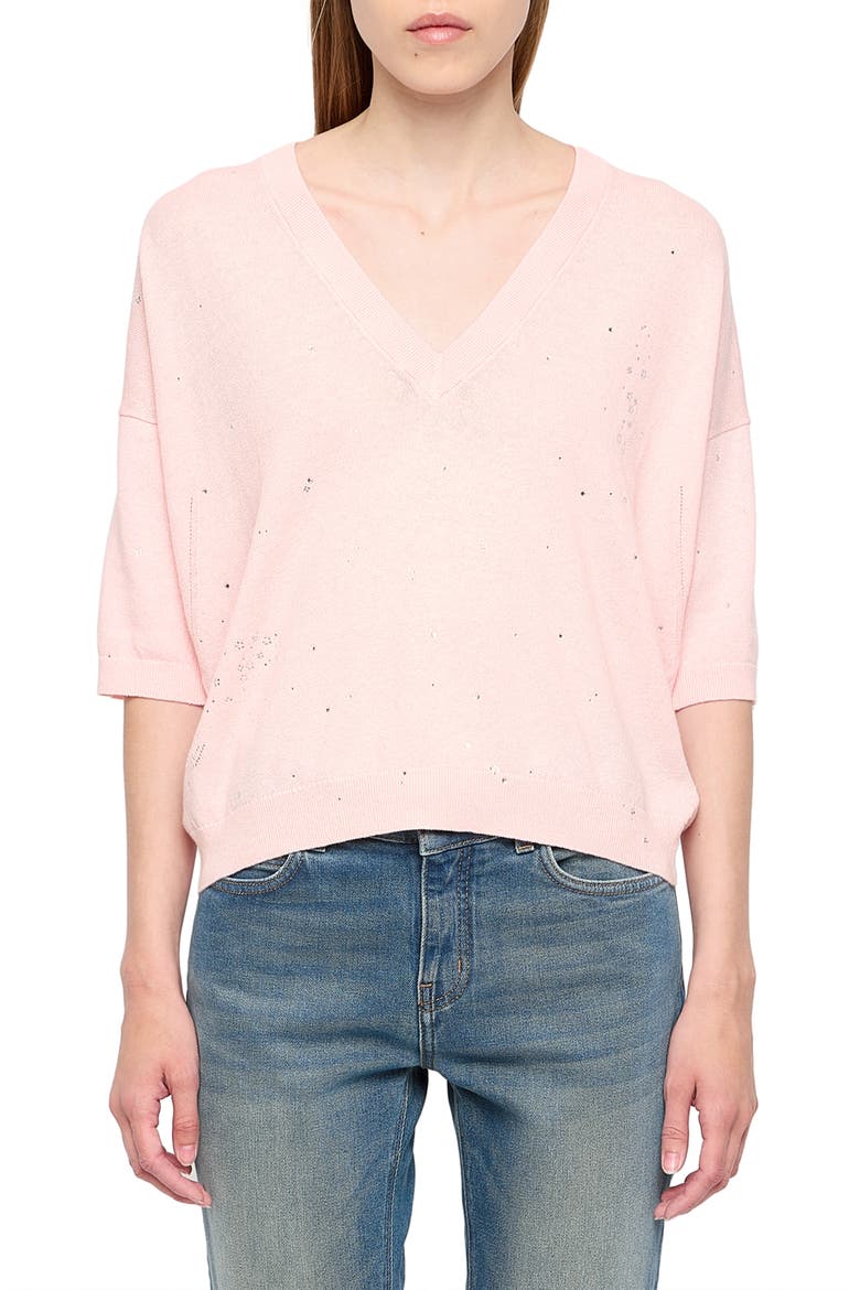 Wully Lico Embellished Linen Blend V-Neck Sweater, Main, color, BEBE