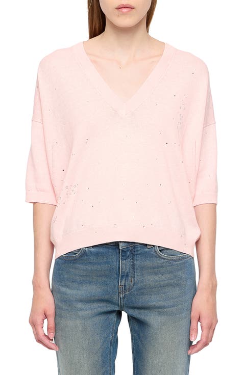 Wully Lico Embellished Linen Blend V-Neck Sweater