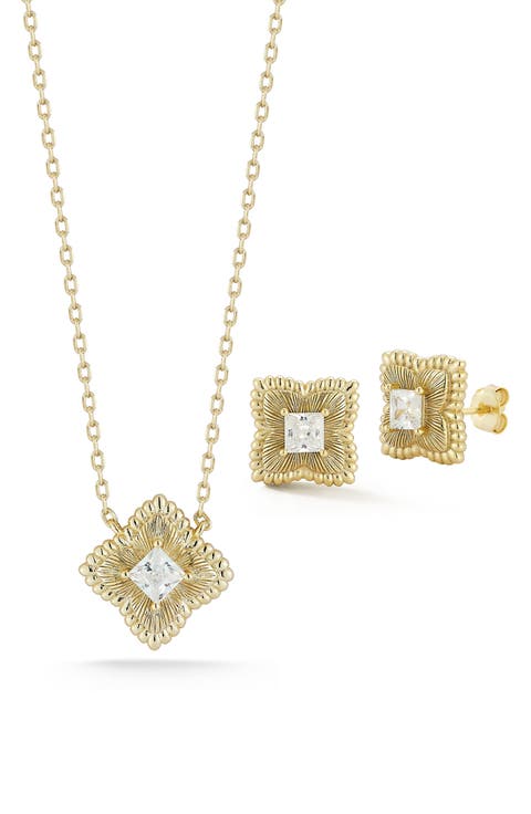 Cubic Zirconia Clover Pendant Necklace & Stud Earrings Set