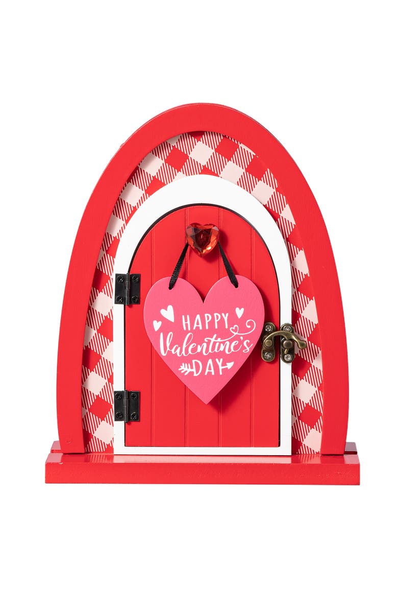 Glitzhome 8.5"H Valentine's Wooden Door Shaped Photo Frame Table Decor, Main, color, Red