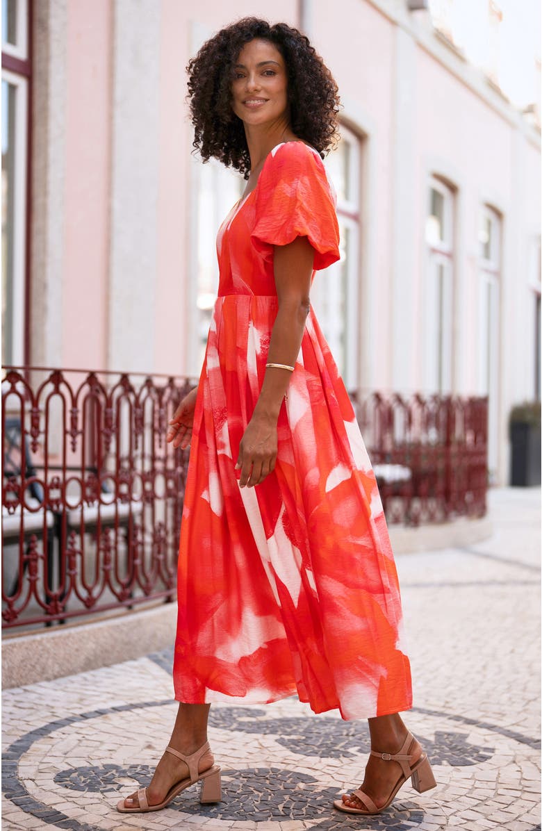 Yumi Floral Midi Dress With Puff Sleeves, Alternate, color, Red