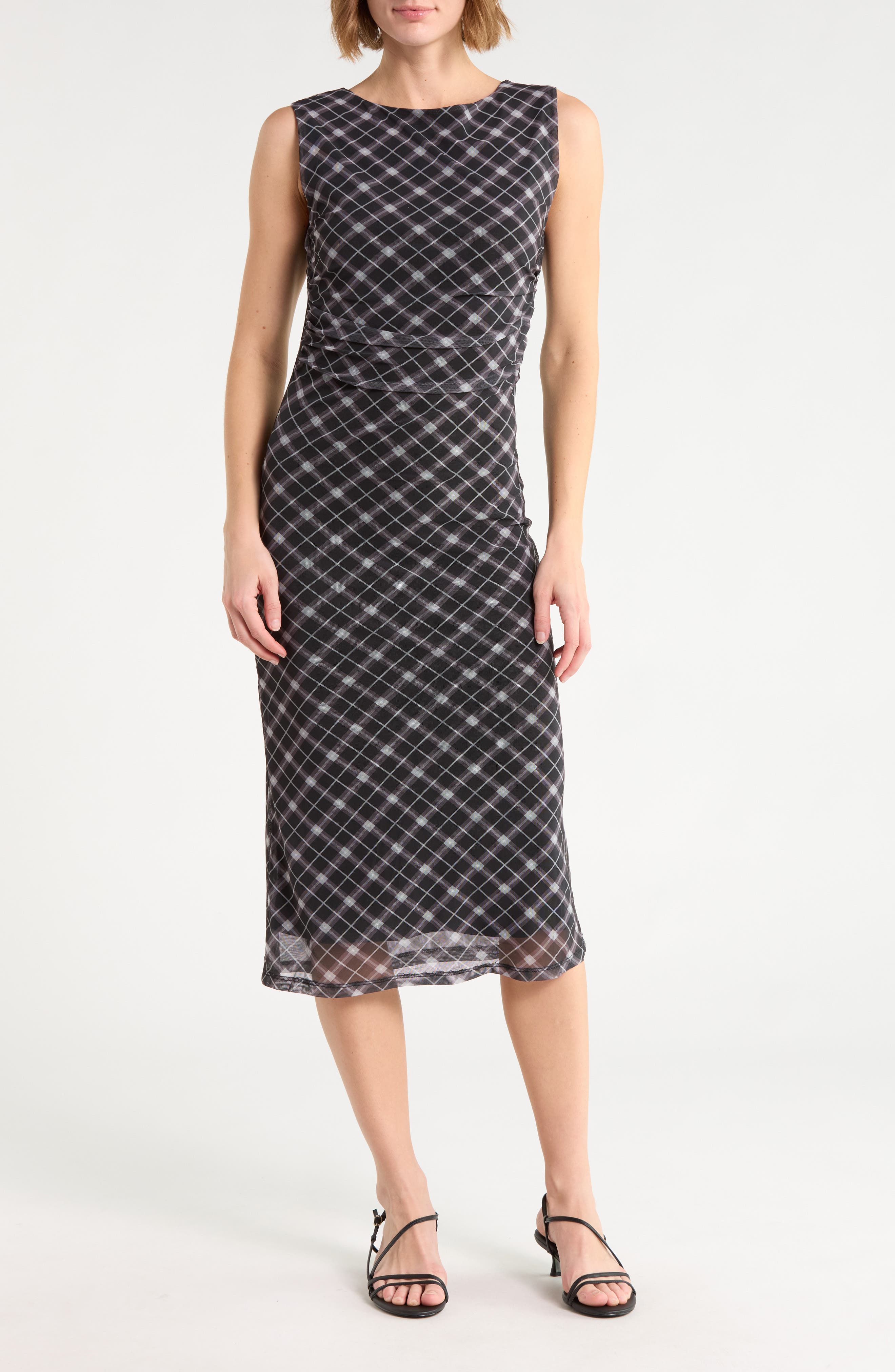 Plaid Mesh Column Midi Dress
