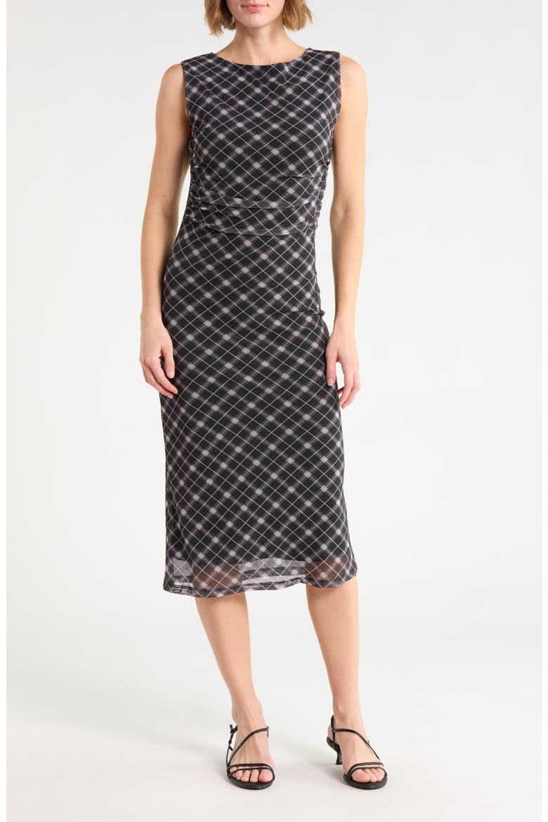 Plaid Mesh Column Midi Dress, Main, color, BLACK COMBO