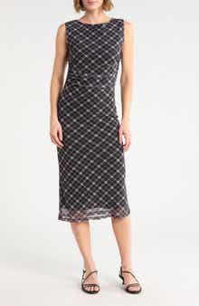 Plaid Mesh Column Midi Dress
