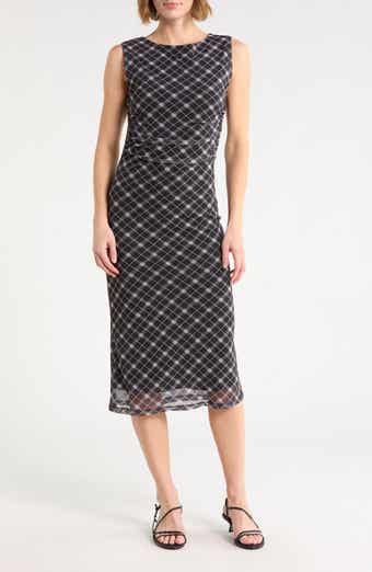 Plaid Mesh Column Midi Dress