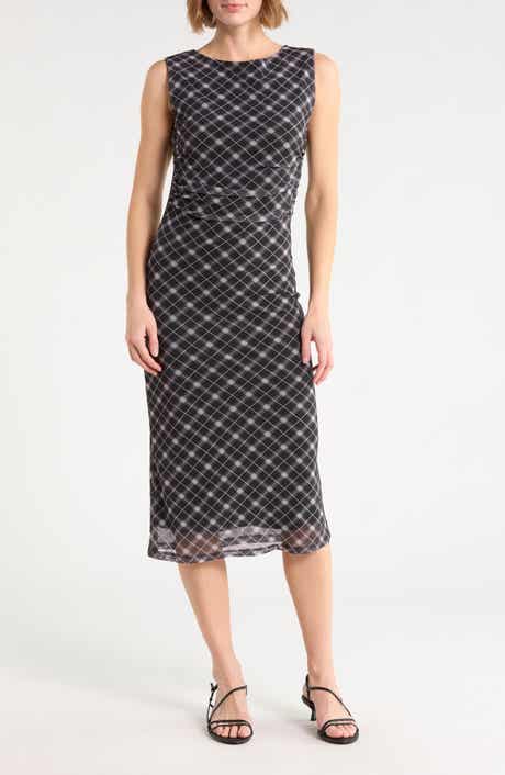 Plaid Mesh Column Midi Dress