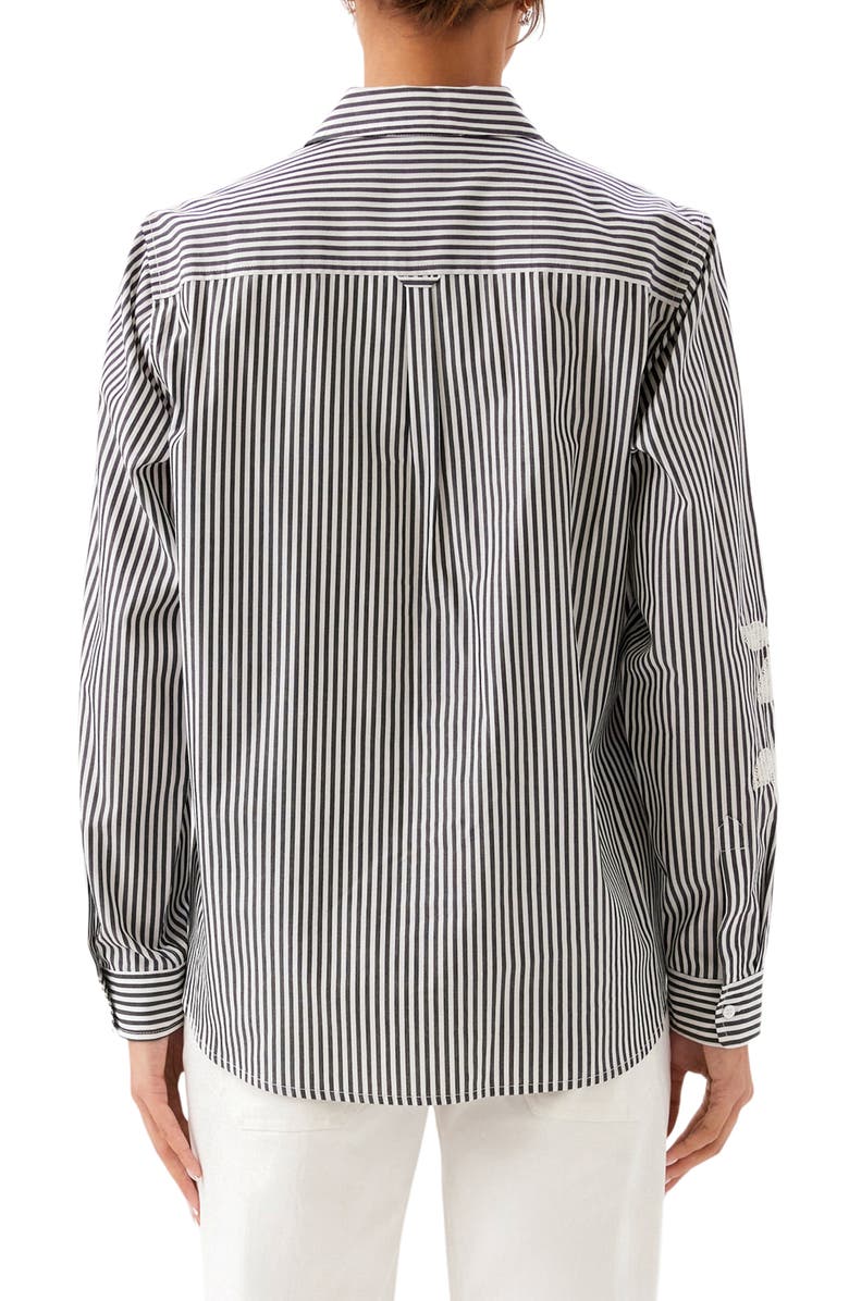 Karen Kane Stripe Embroidered Cotton Blend Button-Up Shirt, Alternate, color, Black W/ Off White