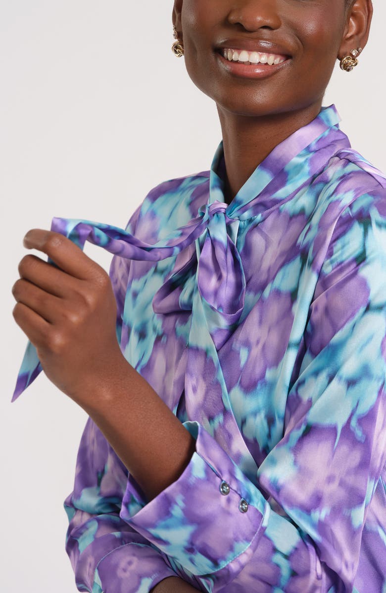 Isaac Mizrahi New York Tie Neck Long Sleeve Minidress, Alternate, color, Blue/ Lilac