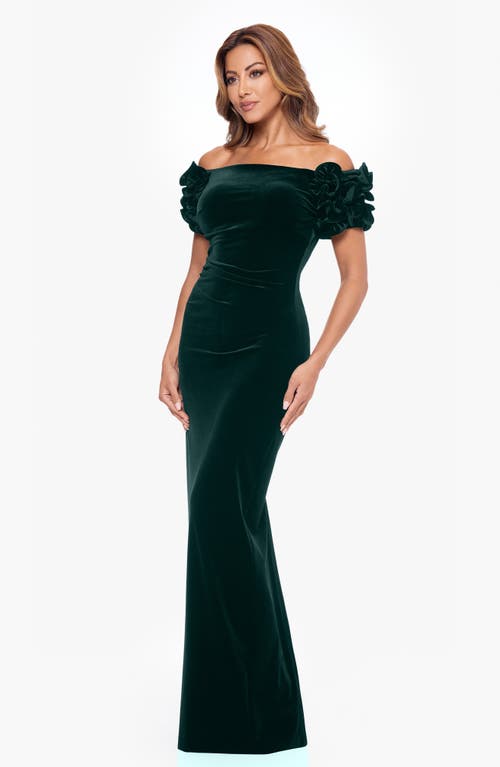 Xscape Evenings Ruched Off The Shoulder Gown In Green