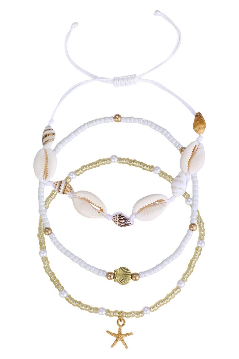 Set of 3 Shell and Bead Anklets, Main, color, WHITE/ GOLD