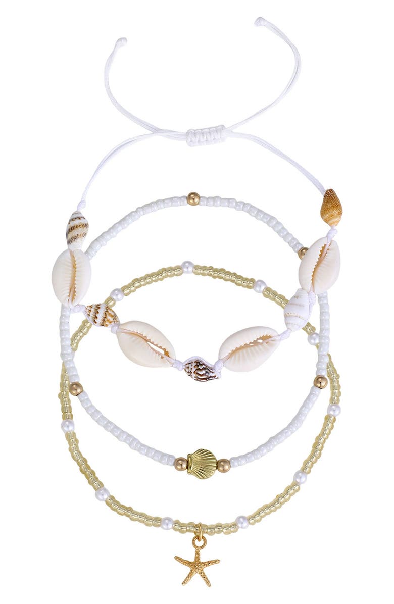 Adornia Set of 3 Shell and Bead Anklets, Main, color, White/ Gold