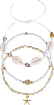 Adornia Set of 3 Shell and Bead Anklets