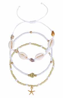Adornia Set of 3 Shell and Bead Anklets