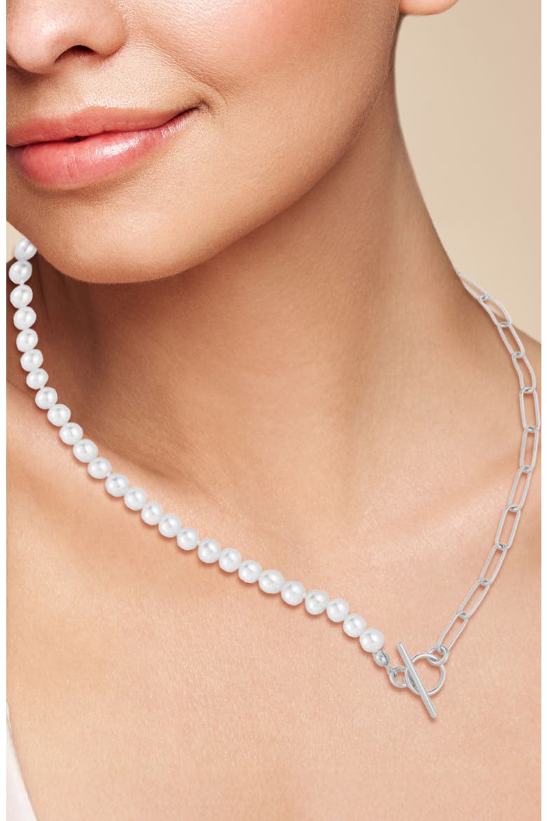 Cultured Pearl & Paper Clip Chain Toggle Necklace, Alternate, color, SILVER