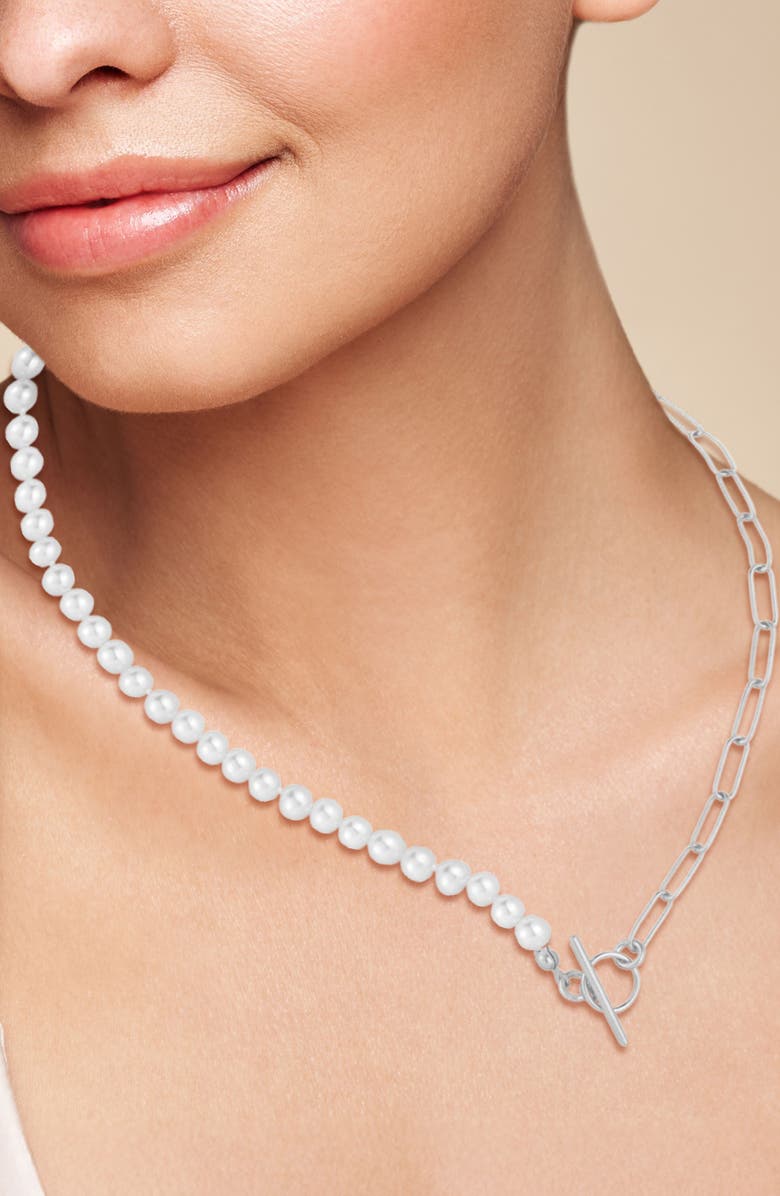 SPHERA MILANO Cultured Pearl & Paper Clip Chain Toggle Necklace, Alternate, color, Silver