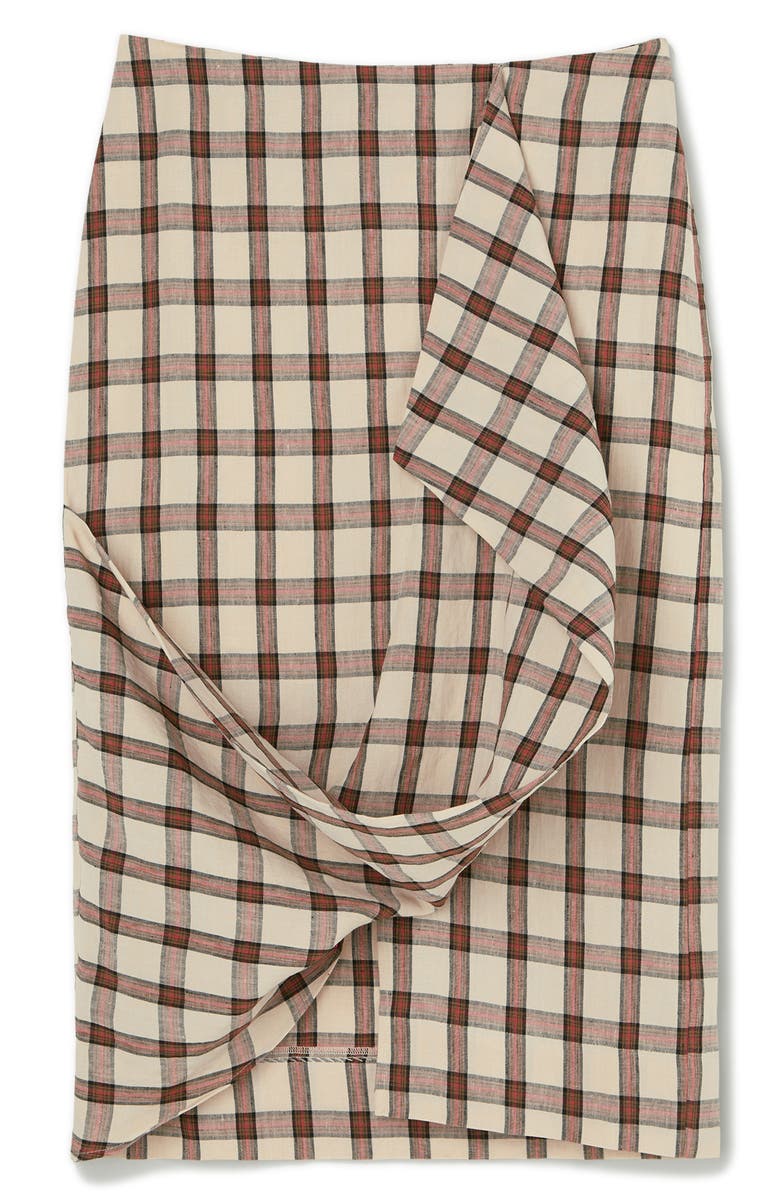 Róhe Check Draped Linen Skirt, Alternate, color, Red Table Check