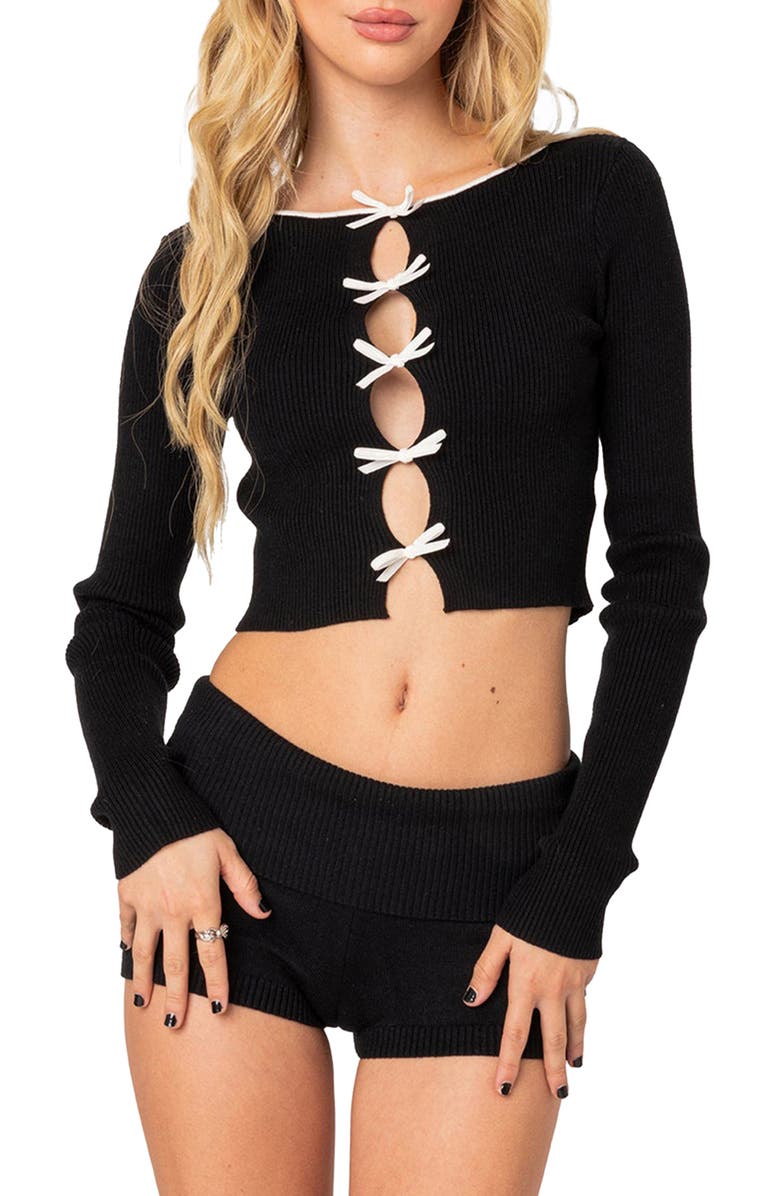 EDIKTED Billy Bow Cutout Rib Crop Top, Main, color,
