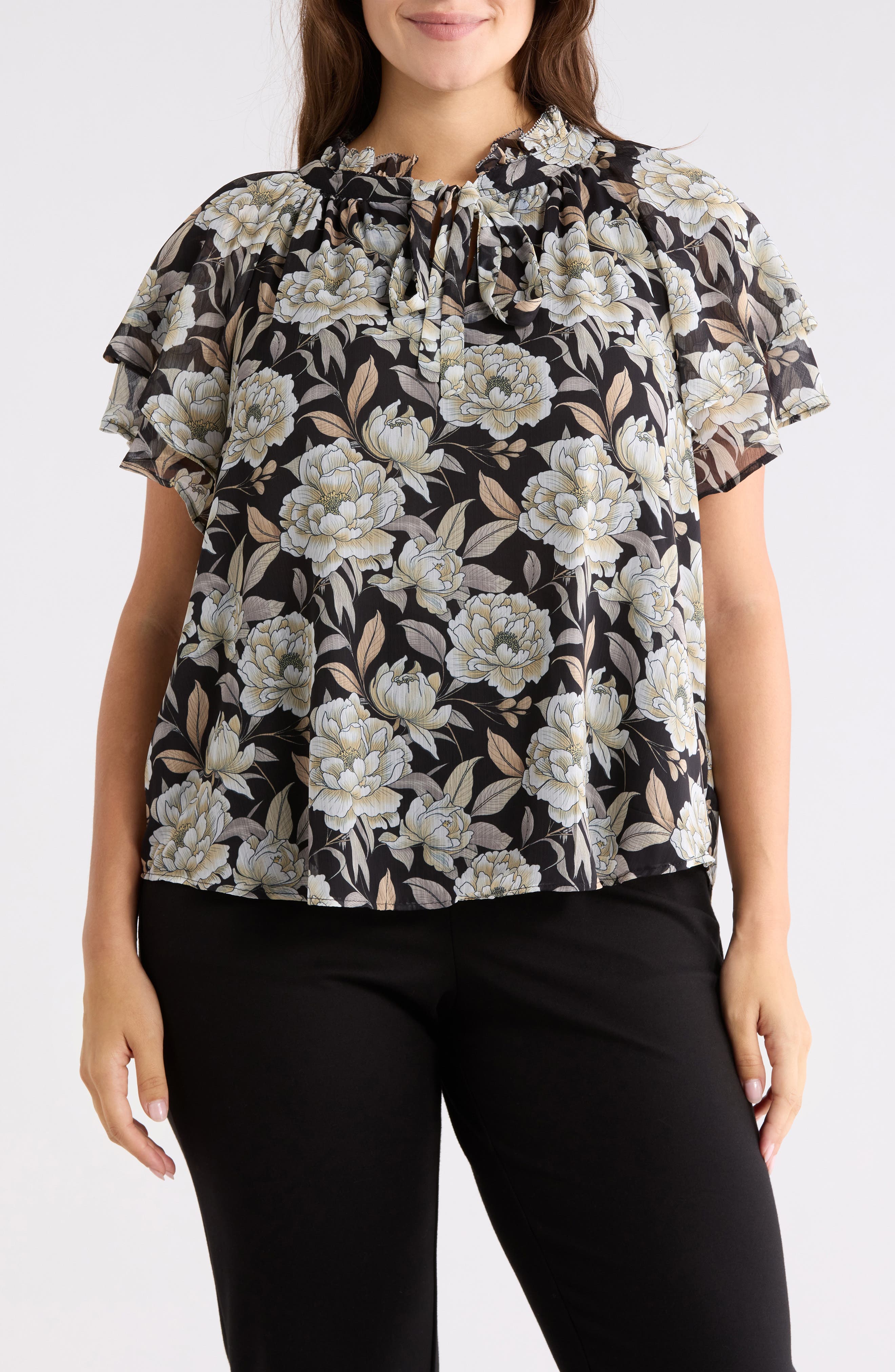 Catherine Malandrino Floral Flutter Sleeve Top