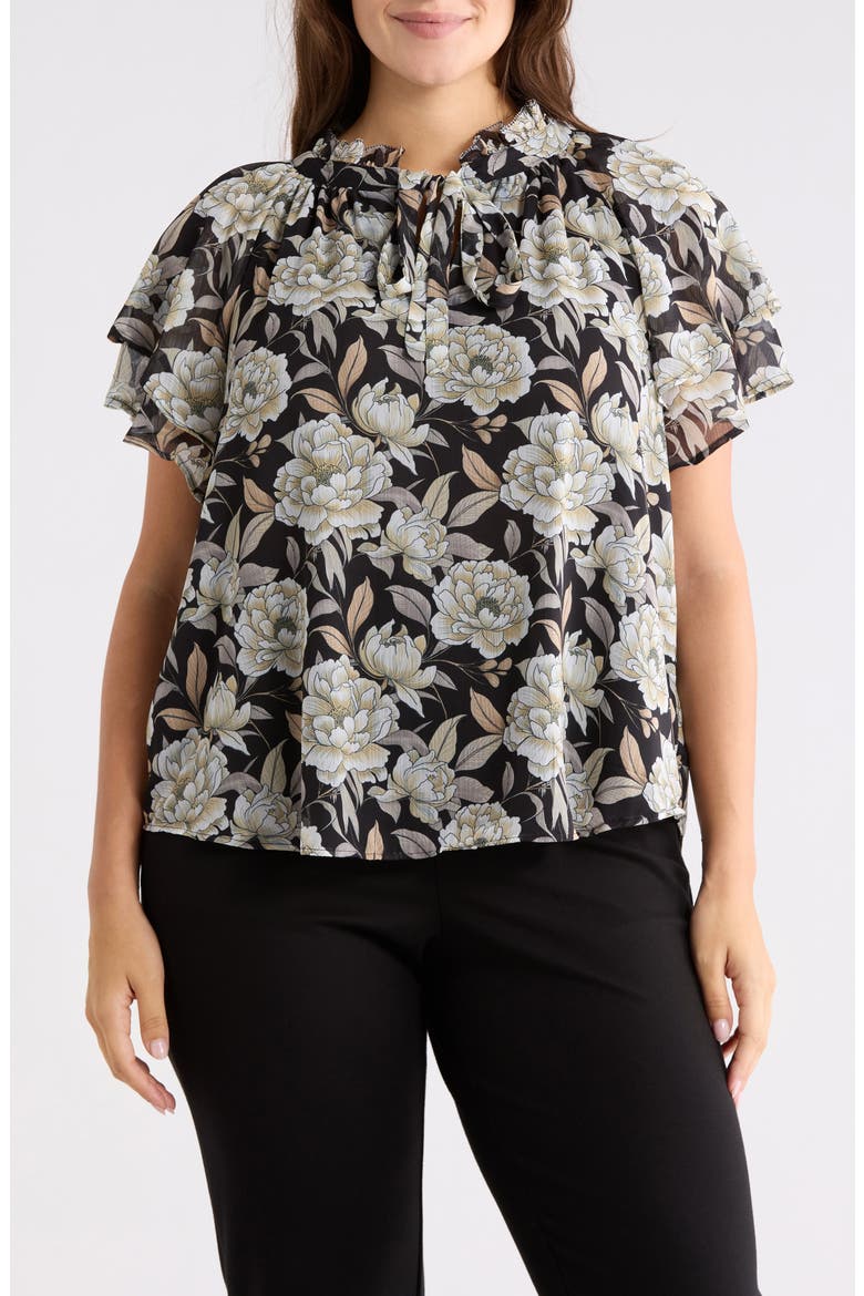 Floral Flutter Sleeve Top, Main, color, FLOATING PEONIES PRINT