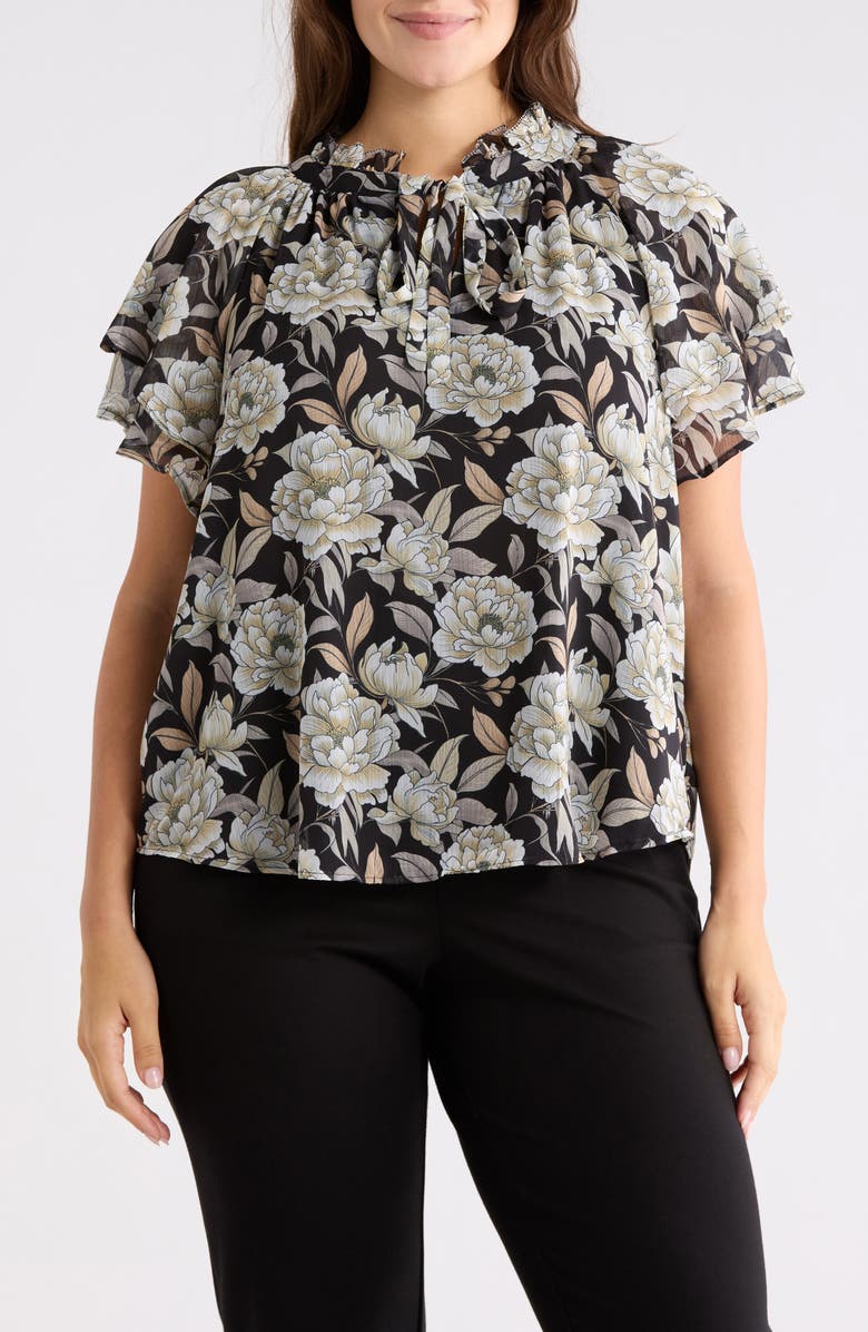 Catherine Malandrino Floral Flutter Sleeve Top, Main, color, Floating Peonies Print