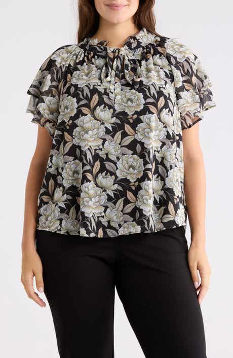 Catherine Malandrino Floral Flutter Sleeve Top