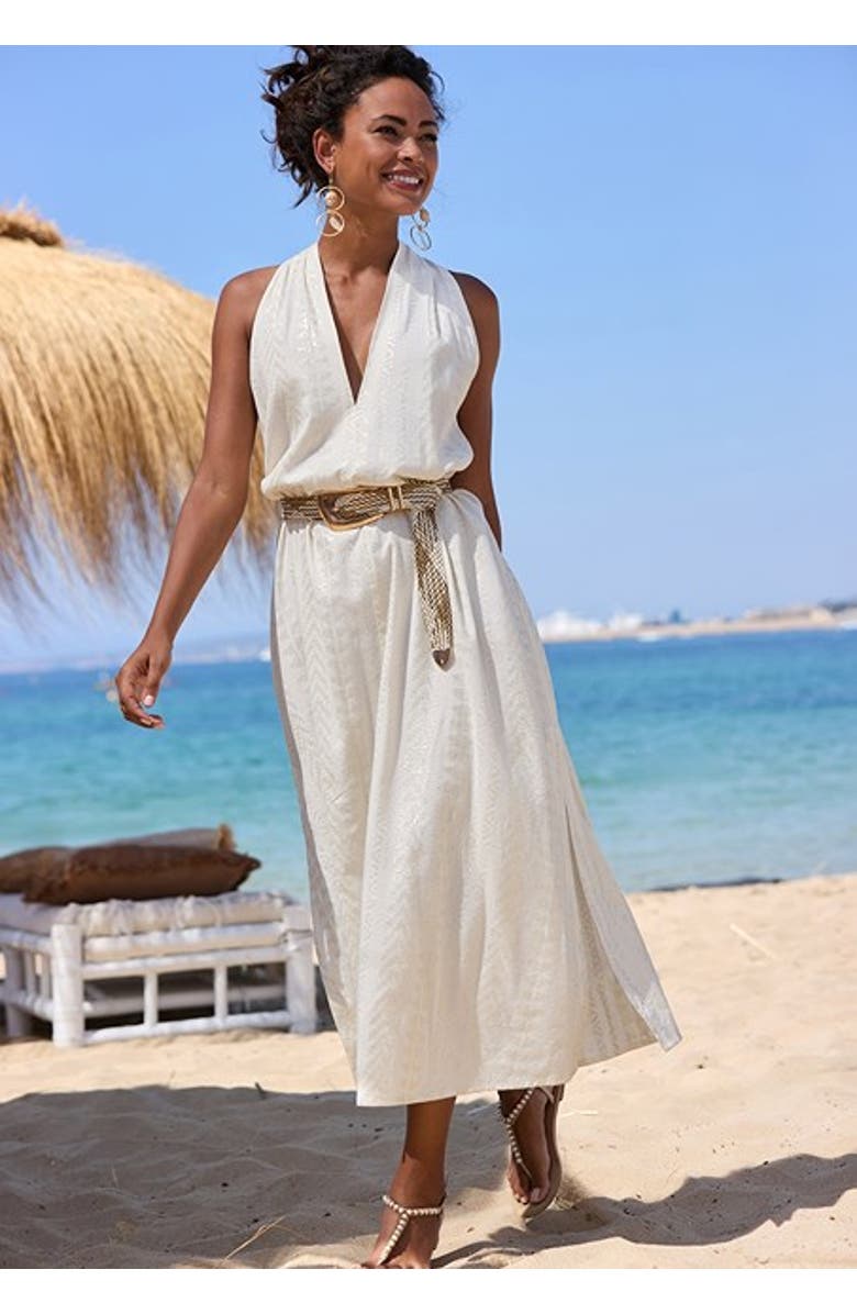 LASCANA Women's Metallic Column Maxi Dress, Alternate, color, Ivory Gold