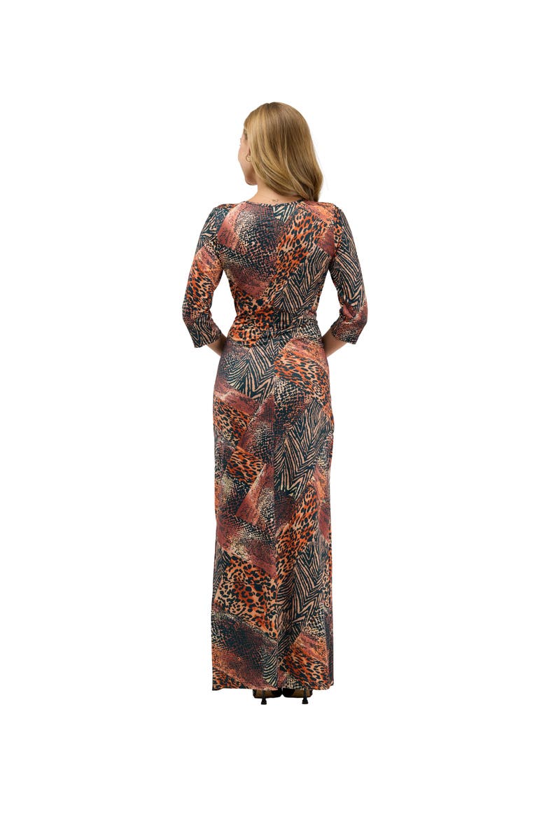 Elevate Womens Mid Sleeve V Neck Wrap Waist Slit Long Dress, Alternate, color, Brown Multi
