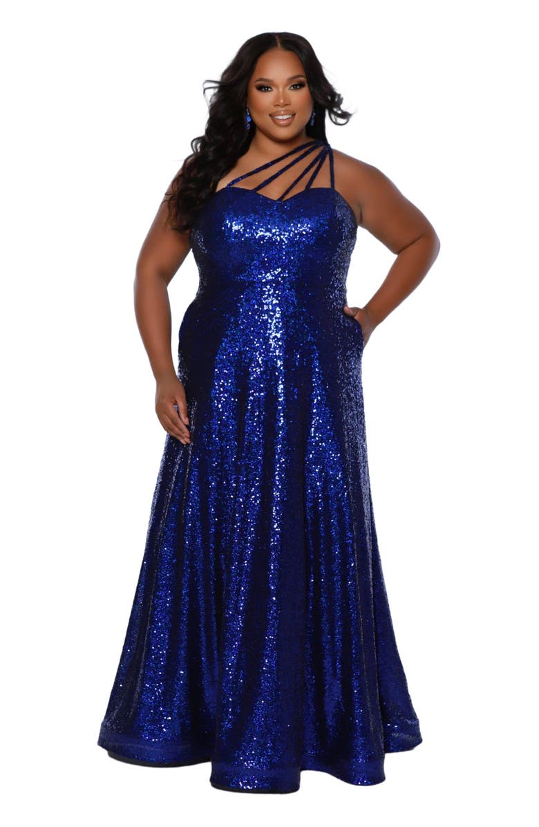 Sydney's Closet Sequin A-Line One-Shoulder Plus Size Gown, Main, color, 