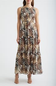 Anne Klein Print Smocked Bodice Sleeveless Maxi Dress