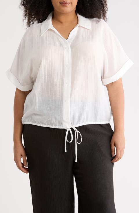 Short Sleeve Tie Front Button-Up Shirt (Plus)