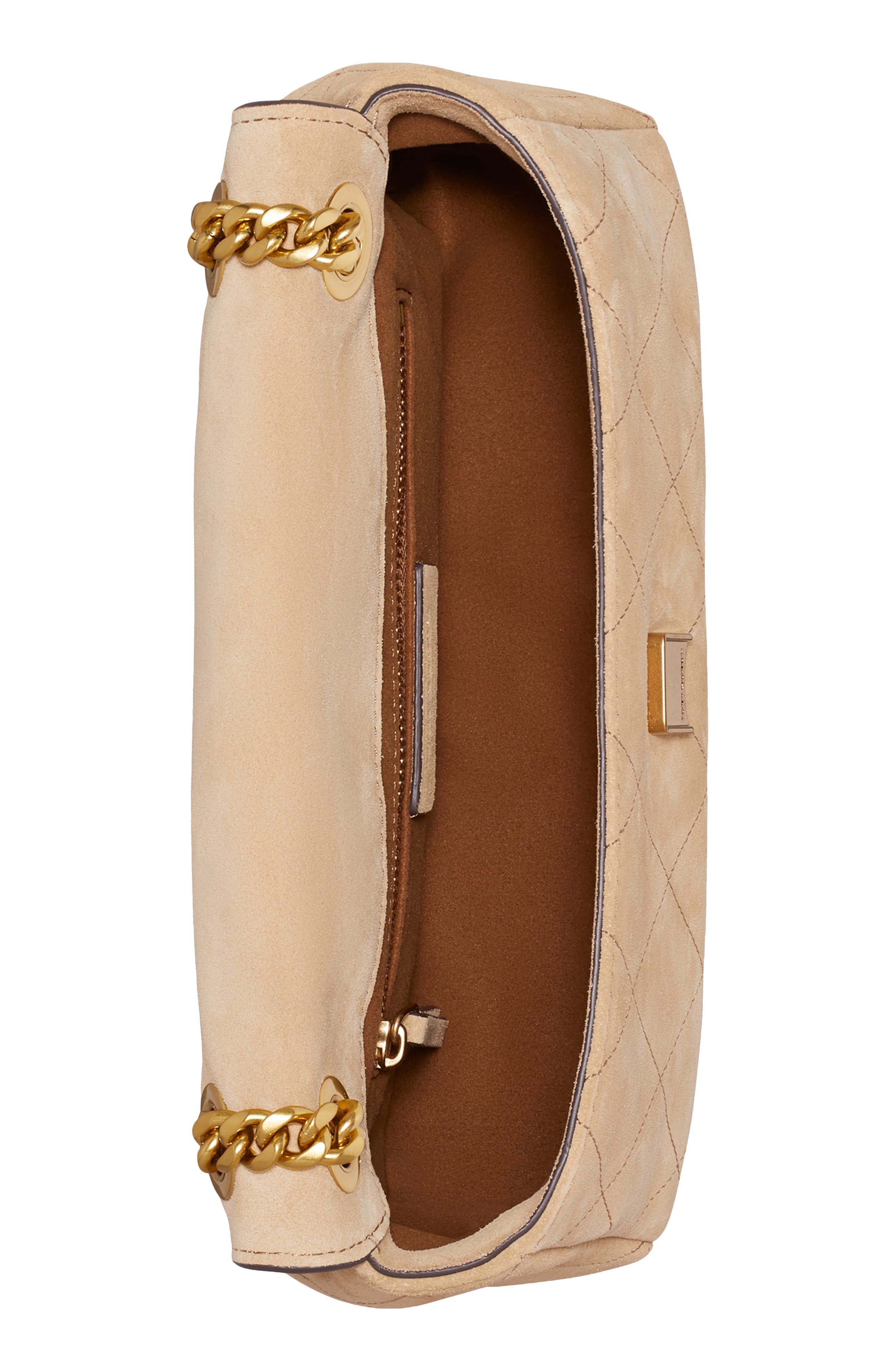 Tory Burch Charlie Quilted Suede Shoulder Bag, Alternate, color, Stone